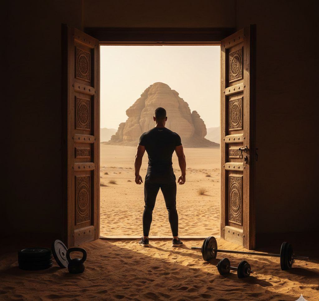 A figure in a doorway opening onto the desert